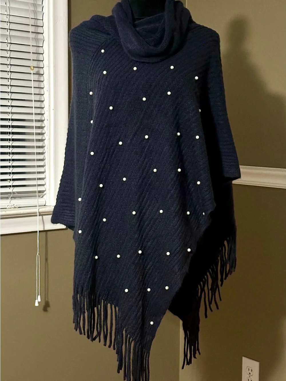 kathy ireland Navy Pearl-Embellished Cowl Neck Poncho Sweater - Picture 3 of 5